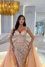 Mermaid Champagne Split Front Sweetheart Straps Prom Dresses with Beadings