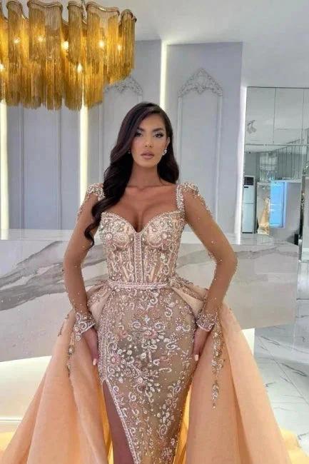 Mermaid Champagne Split Front Sweetheart Straps Prom Dresses with Beadings