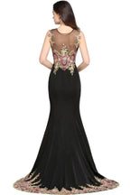 Mermaid Sweep Train Black Sleeveless Evening Dresses with Appliques