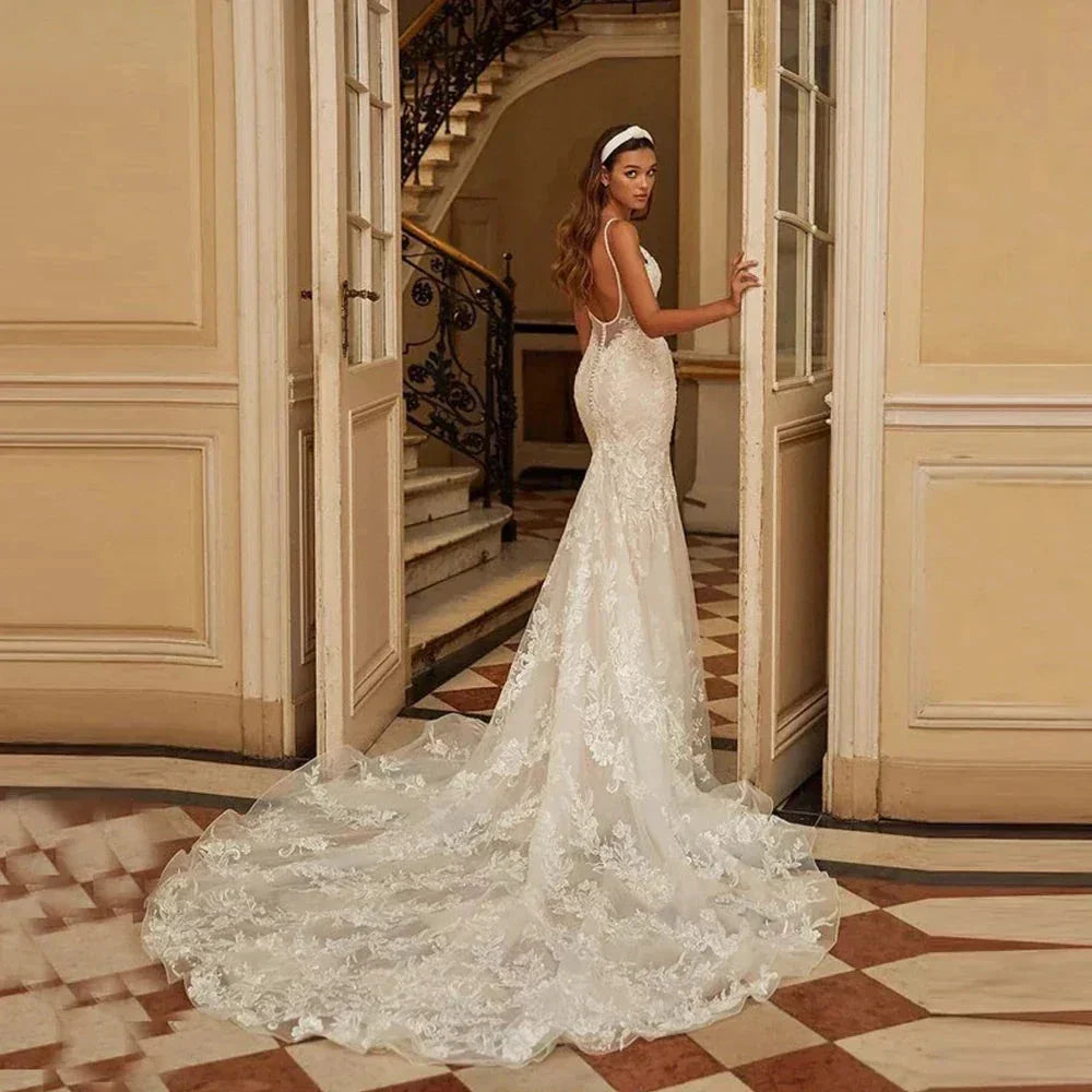 Mermaid Wedding Dresses 2023 Women's Sexy V-neck Lace Applique Spaghetti Shoulder Strap Vestido De Novia Bridal Gowns Backless