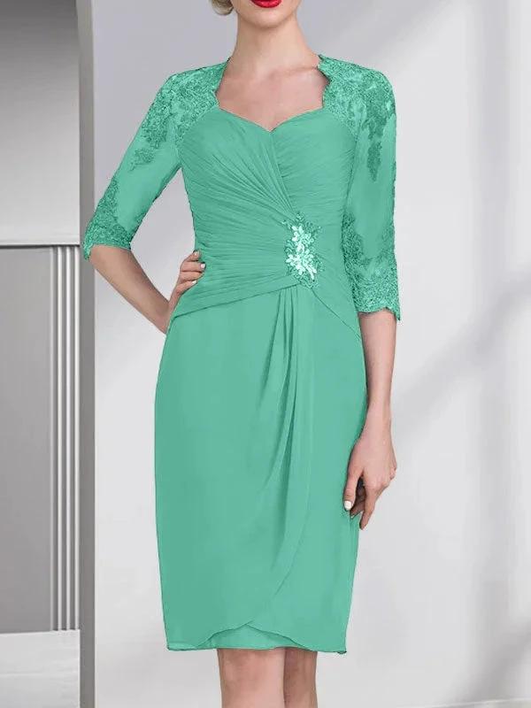 Sheath/Column Sweetheart Knee-Length Chiffon Mother of the Bride Dress With Beading Appliques Lace Sequins Pleated