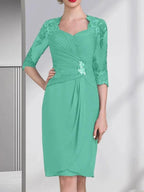 Sheath/Column Sweetheart Knee-Length Chiffon Mother of the Bride Dress With Beading Appliques Lace Sequins Pleated