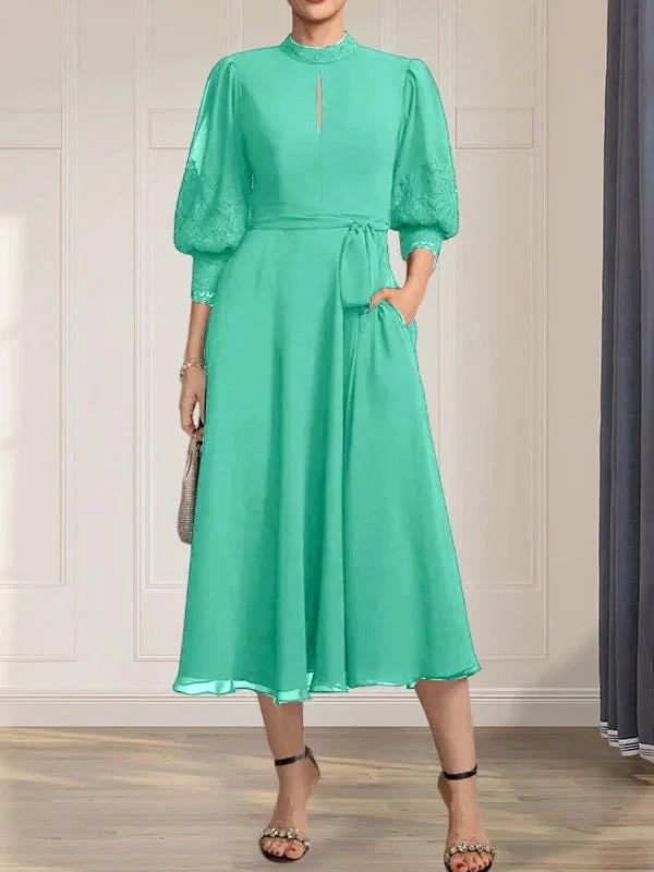A-line High Neck Tea-Length Lace Chiffon Mother of the Bride Dress With Bow