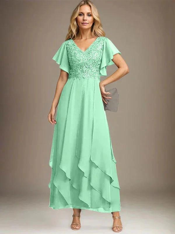 A-line V-Neck Ankle-Length Lace Chiffon Mother of the Bride Dress With Cascading Ruffles