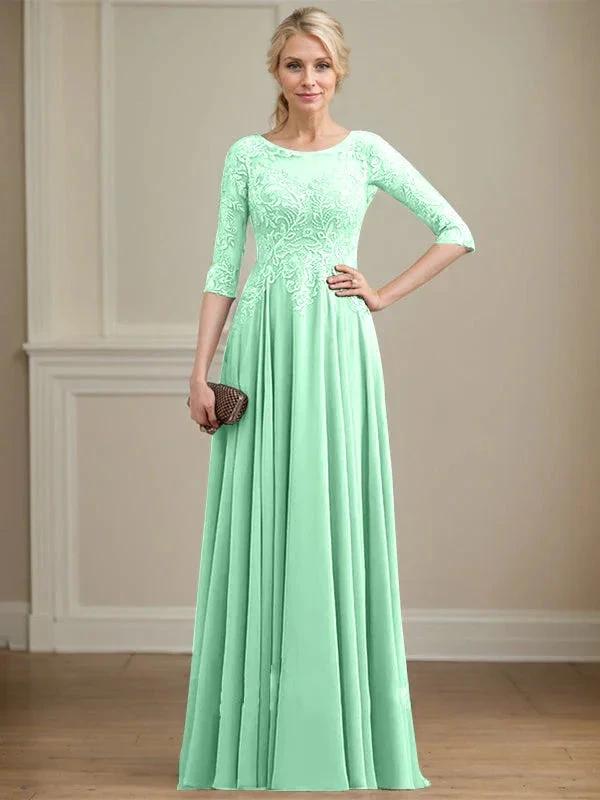 A-line Scoop Illusion Floor-Length Lace Chiffon Mother of the Bride Dress With Sequins