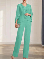 Separates Jumpsuit/Pantsuit V-Neck Floor-Length Chiffon Mother of the Bride Dress