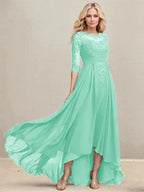 A-line Scoop Illusion Asymmetrical Lace Chiffon Mother of the Bride Dress With Pleated Sequins