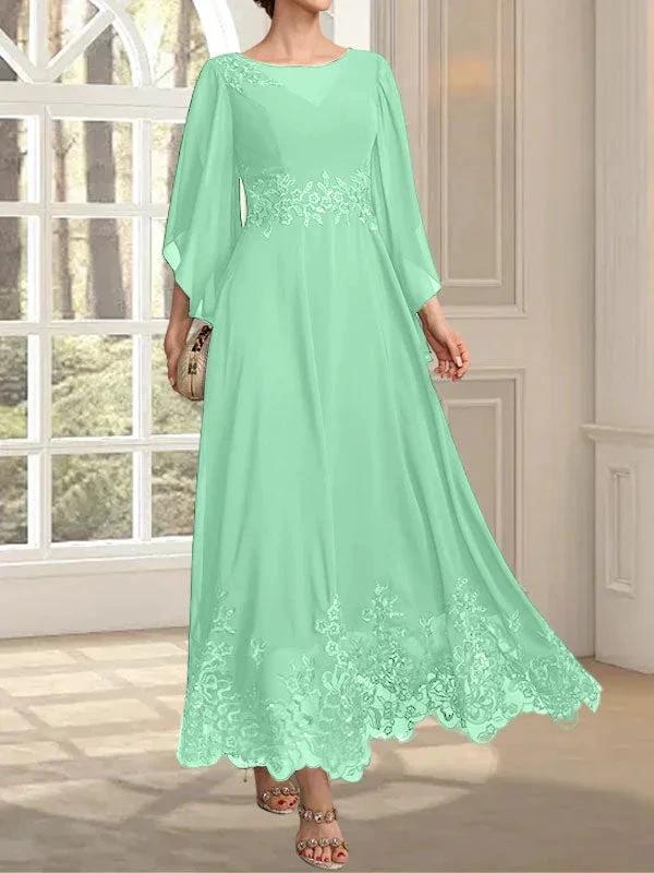 A-line Scoop Illusion Ankle-Length Lace Chiffon Mother of the Bride Dress With Sequins