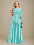 A-line Scoop Illusion Floor-Length Stretch Satin Lace Mother of the Bride Dress With Bow Sequins