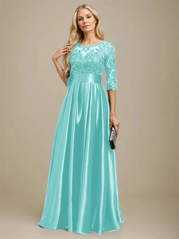 A-line Scoop Illusion Floor-Length Stretch Satin Lace Mother of the Bride Dress With Bow Sequins