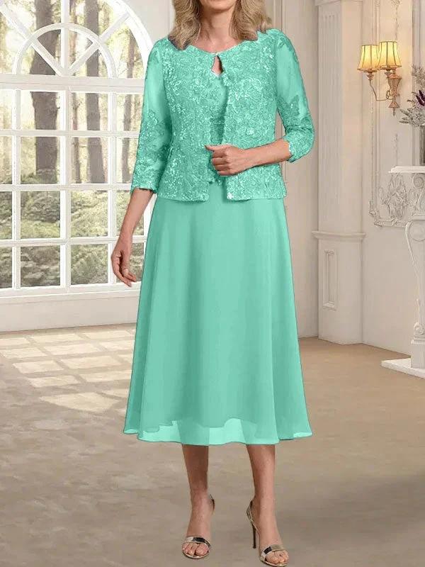A-line Scoop Tea-Length Lace Chiffon Mother of the Bride Dress With Sequins