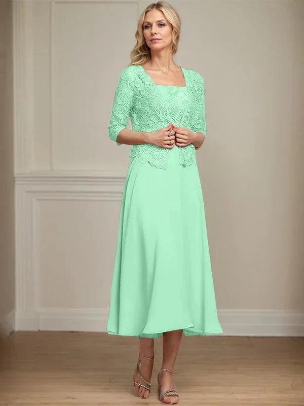 A-line Square Tea-Length Chiffon Lace Mother of the Bride Dress With Sequins Beading