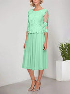 A-line Scoop Tea-Length Lace Chiffon Mother of the Bride Dress With Embroidery