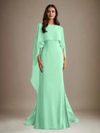 Sheath/Column Boatneck Floor-Length Chiffon Mother of the Bride Dress With Cascading Ruffles