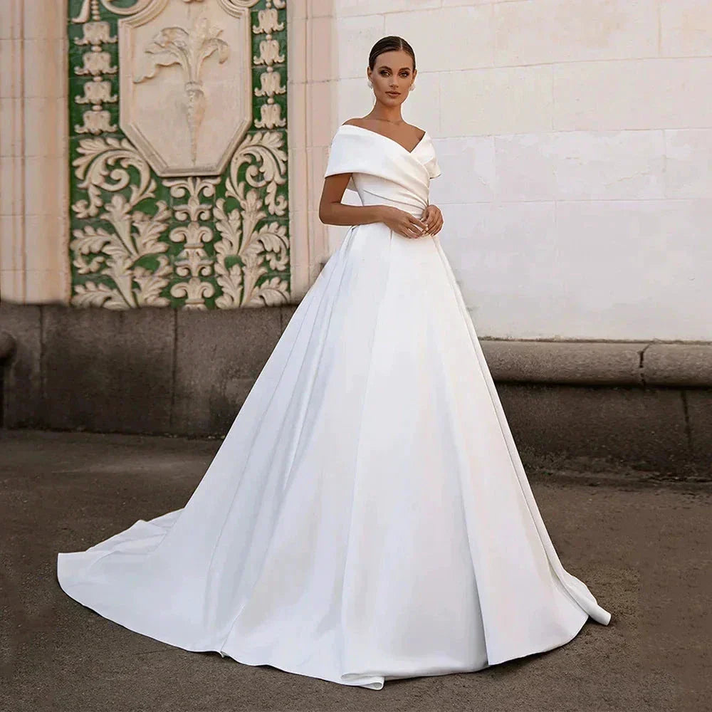Modern V Neck Wedding Dresses A Line Sexy Lace Up Backless Ball Gowns Sweep Train Woman's Formal Beach Party Vestidos De Novia
