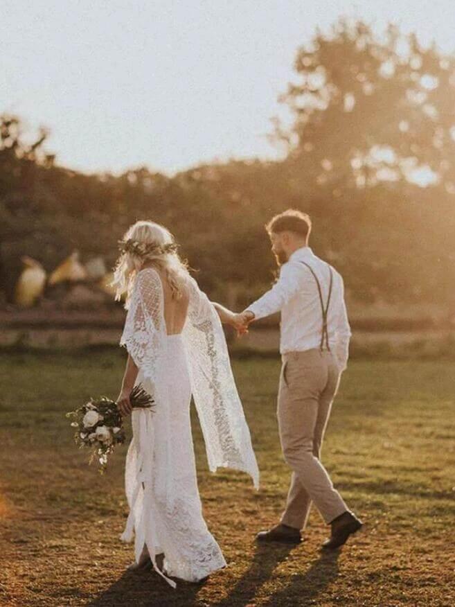 Batwing Sleeve Lace Rustic Wedding Dresses Ivory Sheath Boho Wedding Dresses,MW407