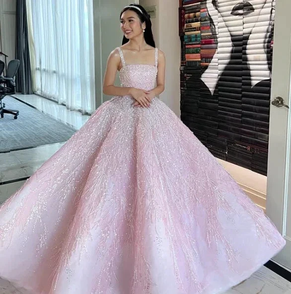 New Arrival Pink Straps Sequin Beaded Long Ball Gown Formal Occasion Gowns Y4918