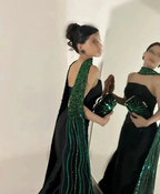 Fashion Black Satin Strapless Evening Dress Formal Party Gown Y8174