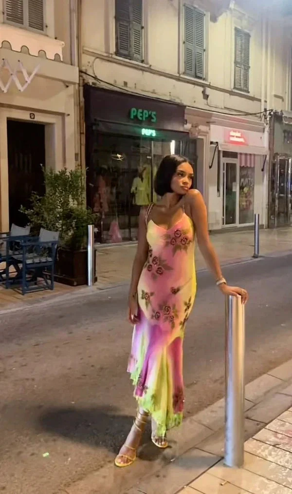 Pink Green Gradient Beaded Spaghetti Strap Chiffon Long Ruffled Evening Dress Party Prom Dress Y8495