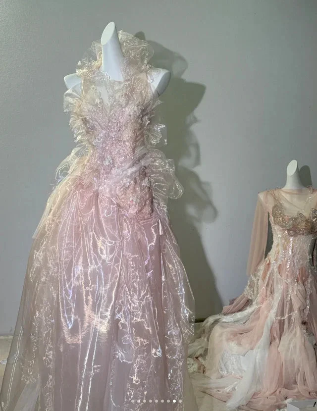 Fairy Pink Tulle Beaded Prom Dress Long Backless Evening Dress Y8564