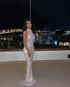 Unique Sequins Mermaid Sleeveless Evening Dress Silver Long Prom Dress Y8271