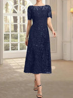 A-line Scoop Illusion Tea-Length Lace Mother of the Bride Dress With Sequins
