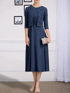 A-line Scoop Tea-Length Chiffon Mother of the Bride Dress With Pleated