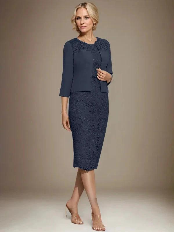 Sheath/Column Scoop Knee-Length Chiffon Lace Mother of the Bride Dress With Beading