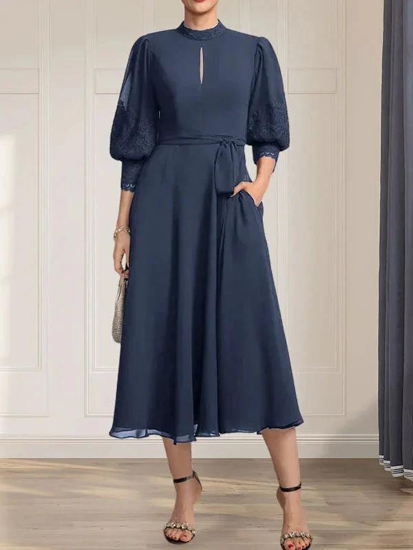 A-line High Neck Tea-Length Lace Chiffon Mother of the Bride Dress With Bow