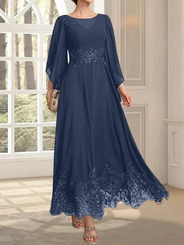 A-line Scoop Illusion Ankle-Length Lace Chiffon Mother of the Bride Dress With Sequins