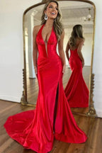 Navy Blue Halter Mermaid Long Prom Dress with Slit  PSK525