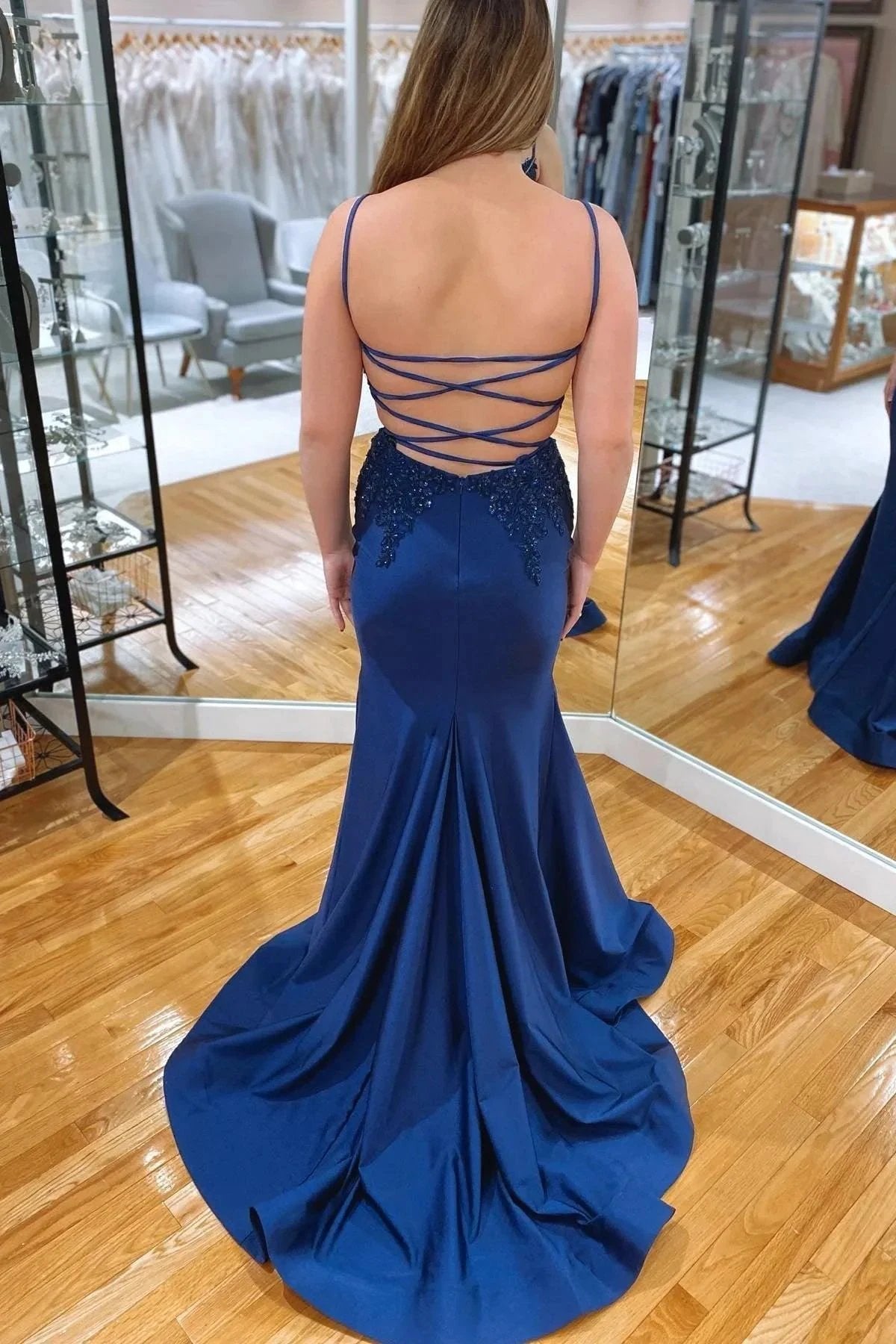 Navy Blue Mermaid V Neckline Rhinestone Long Prom Dress PSK402