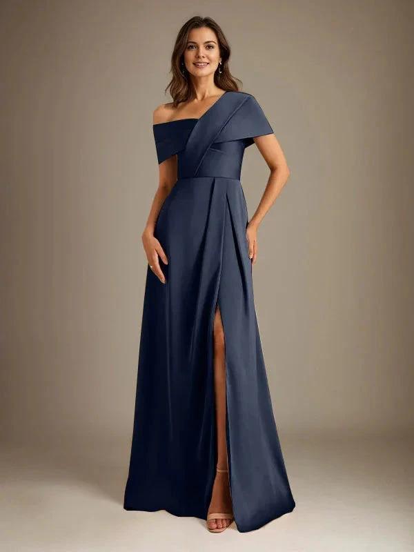 A-Line Asymmetrical Neckline Floor-Length Satin Mother of the Bride Dress With Pleated