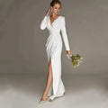 New Civil Wedding Dress V-neck Floor Length White Side Slit Bridal Gown For Bride Lawn 2023 Engagement Party Vestidos Novia