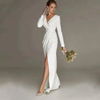 New Civil Wedding Dress V-neck Floor Length White Side Slit Bridal Gown For Bride Lawn 2023 Engagement Party Vestidos Novia