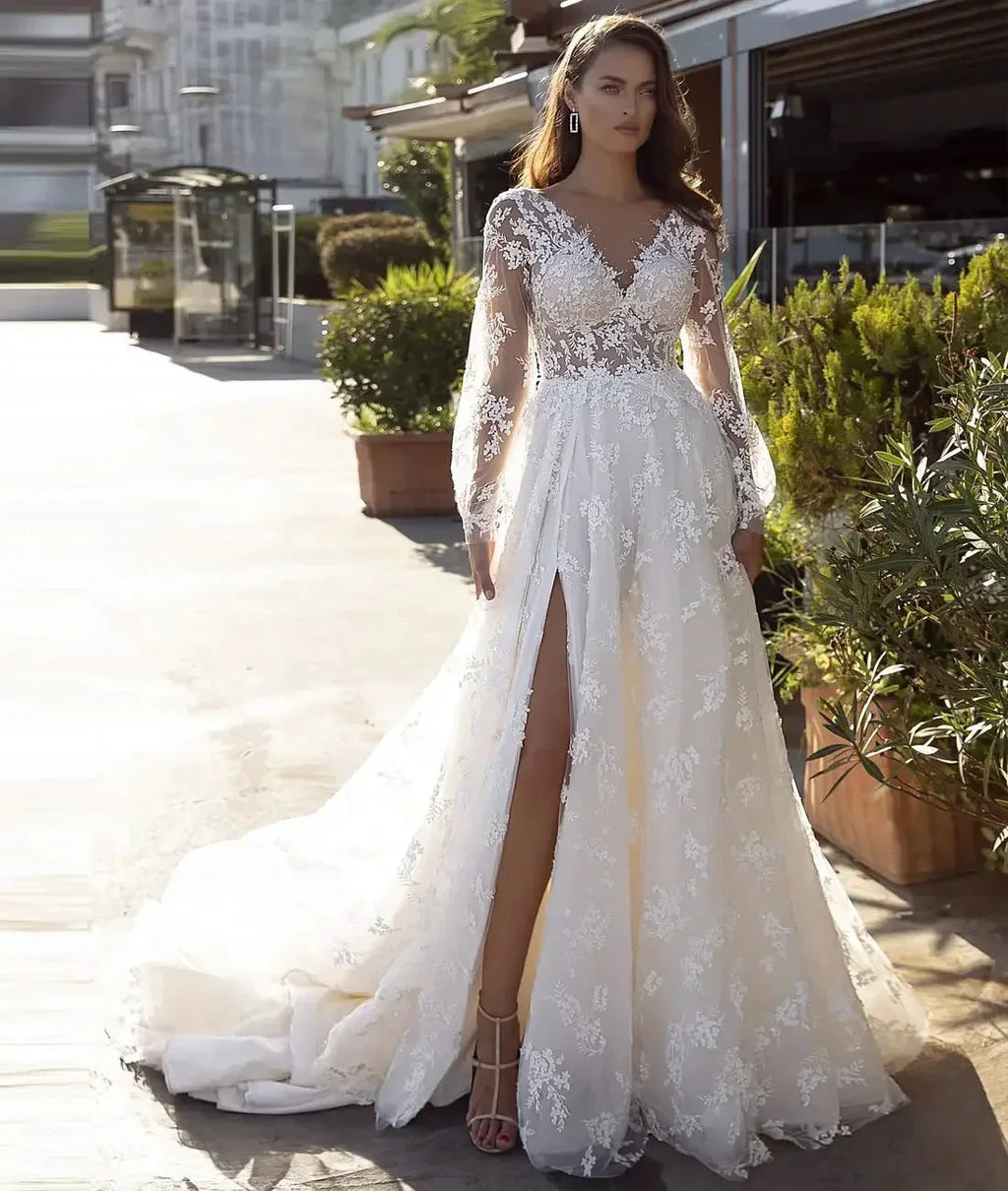 New Long Sleeves Vestidos De Novia Appliques Vestido De Noiva V-Neck Backless Wedding Dresses Lace Robe De Mariée