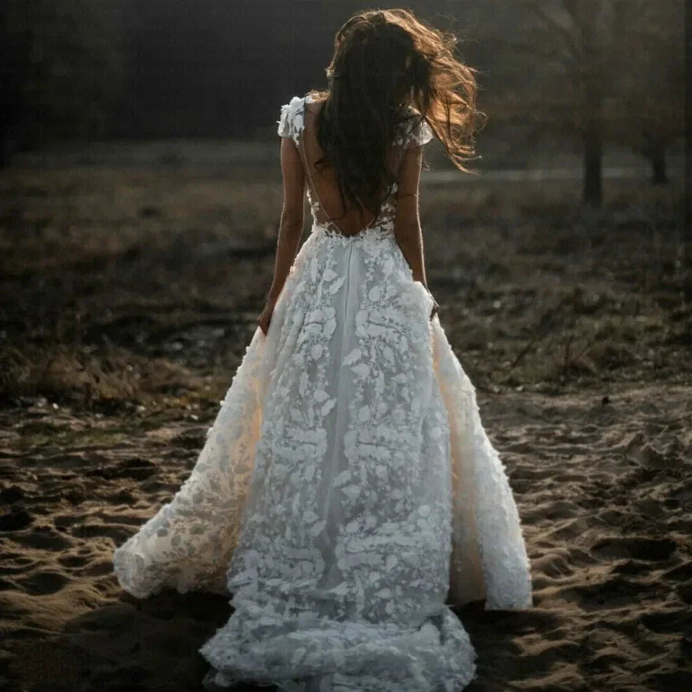 New Romantic Boho Country Wedding Dresses With 3D Flowers Sexy V-Neck Illusion Arabic Bridal Wedding Gowns