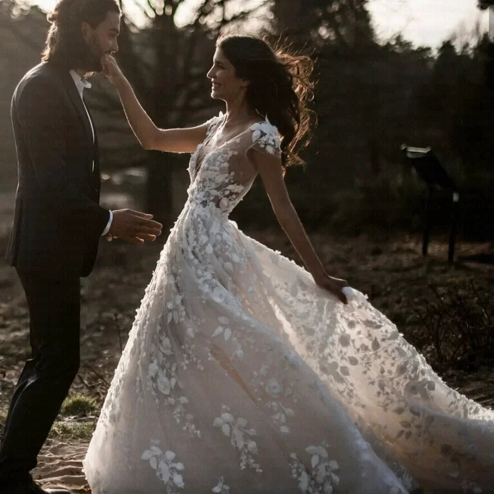 New Romantic Boho Country Wedding Dresses With 3D Flowers Sexy V-Neck Illusion Arabic Bridal Wedding Gowns
