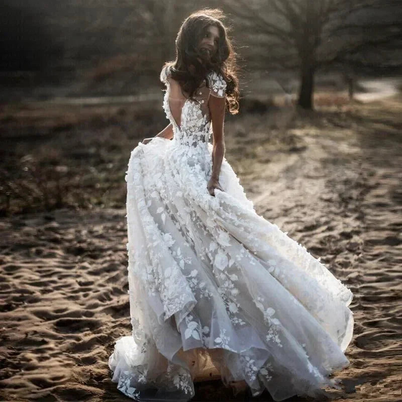 New Romantic Boho Country Wedding Dresses With 3D Flowers Sexy V-Neck Illusion Arabic Bridal Wedding Gowns
