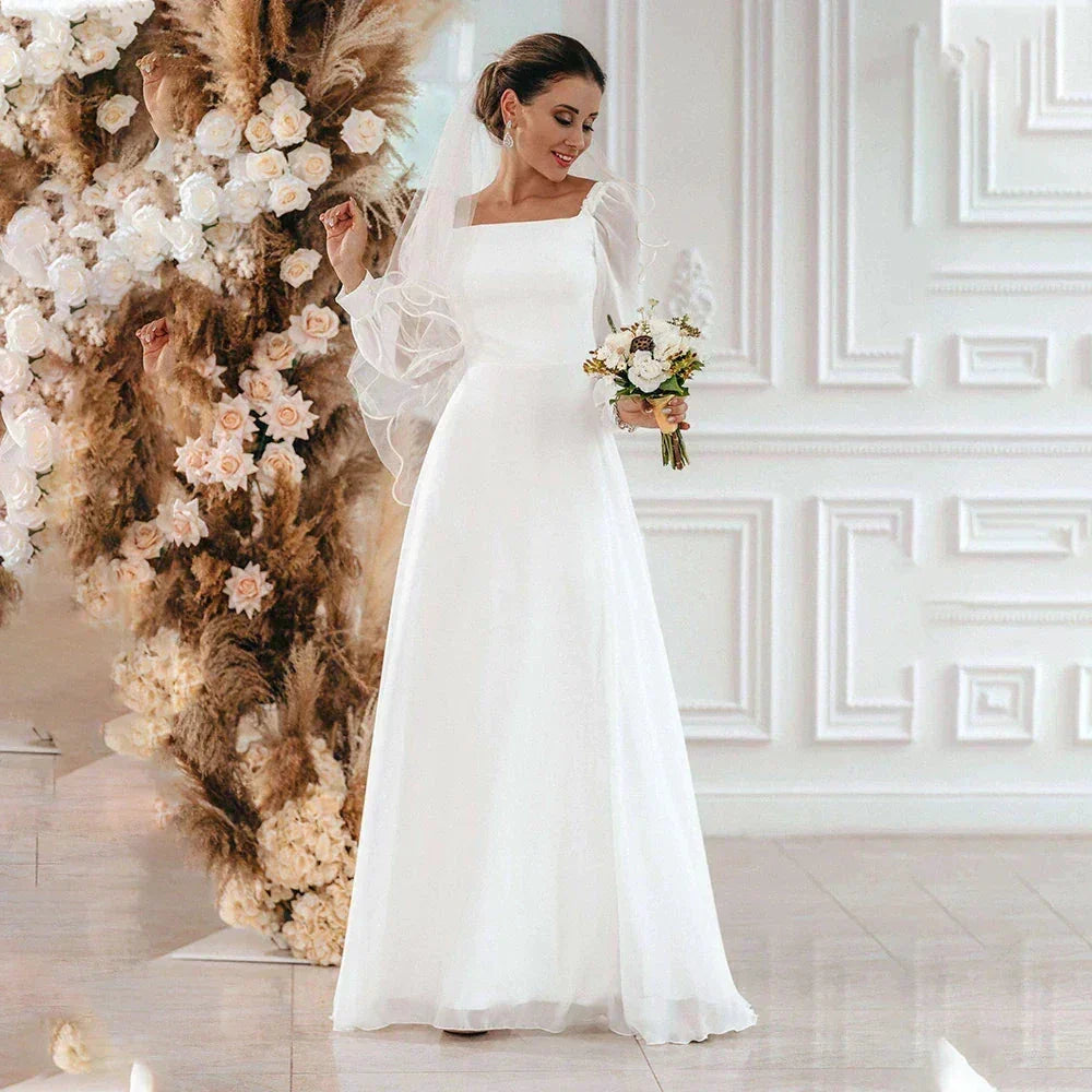 New Simple Wedding Dress 2022 A Line Square Collar Long Sleeve Floor Length Beach Bridal Gowns Eleagnt Vestidos De Novia Civil
