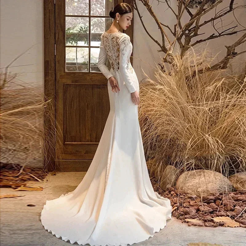 New White V-neck Mermaid Lace Real Photo 2023 Satin Wedding Dress Korean Style Zipper Wedding Gowns