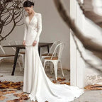 New White V-neck Mermaid Lace Real Photo 2023 Satin Wedding Dress Korean Style Zipper Wedding Gowns
