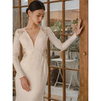 New White V-neck Mermaid Lace Real Photo 2023 Satin Wedding Dress Korean Style Zipper Wedding Gowns