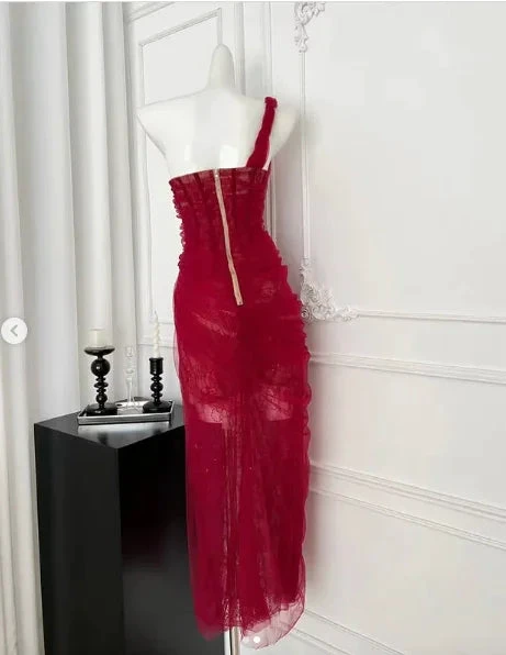 Pretty Burgundy Tulle Lace Prom Dress Evening Dress Y8506