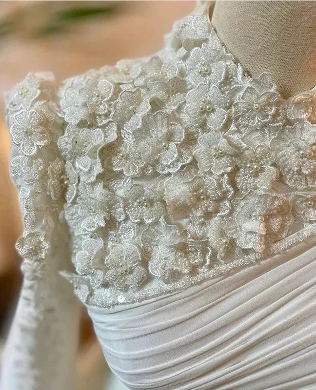 Muslim Wedding Dress Long Sleeves With Pearls Chiffon Appliques Long Pleated Bridal Gowns Y6727