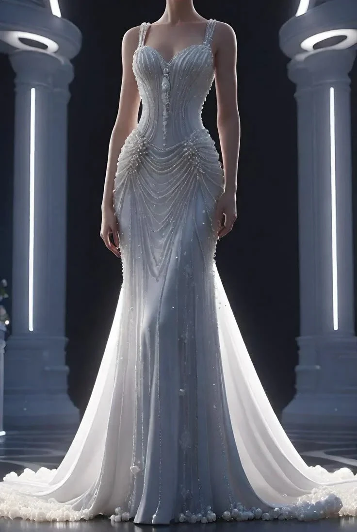 Pretty White Chiffon Beaded Pearls Mermaid Evening Dress Wedding Dress,Long Prom Dress Y8318