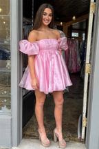 Pink Square Neck Balloon Sleeves A-Line Homecoming Dress Y2434