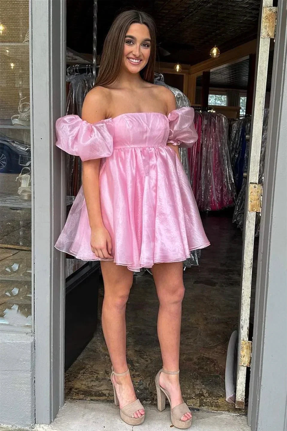Pink Square Neck Balloon Sleeves A-Line Homecoming Dress Y2434