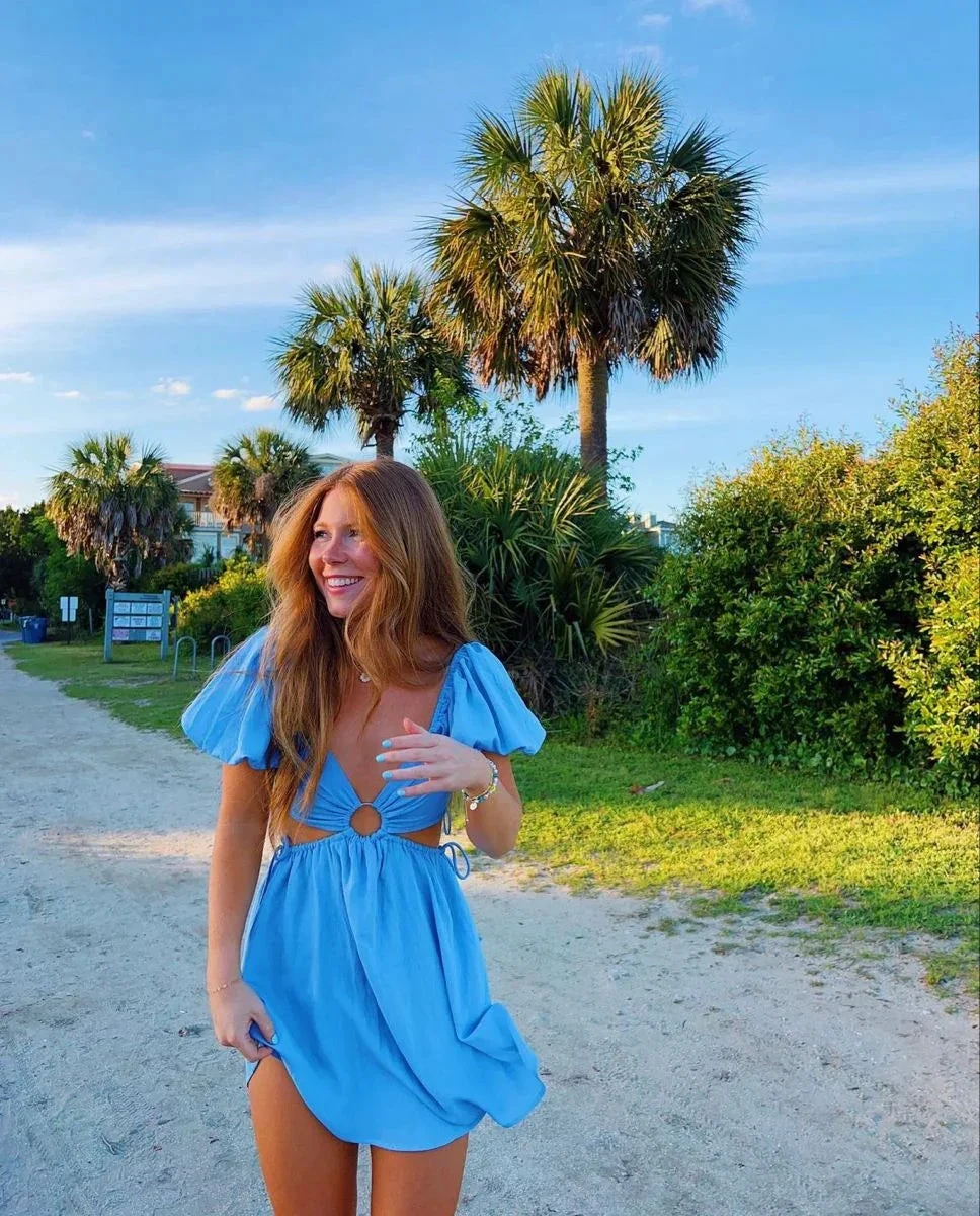 Blue Waist Cut Out Homecoming Dress Blue Beach Dress Y2748