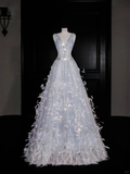 Glamorous V Neck Tulle Beaded Feathers A Line Prom Dress Evening Dress Y8682